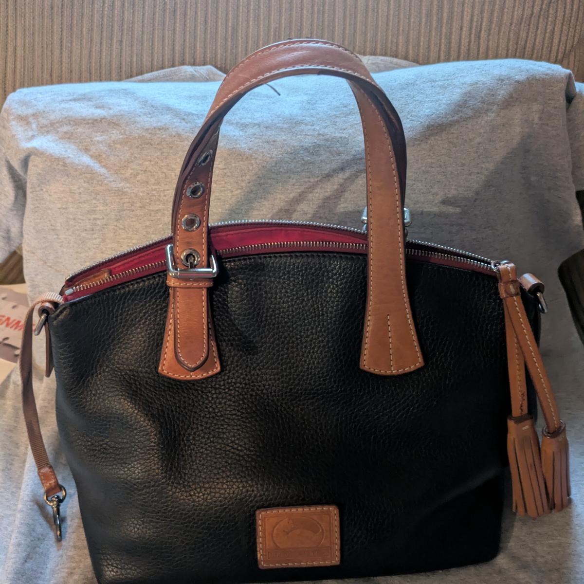 Dooney & Bourke Black Leather Satchel with British Tan Trim
