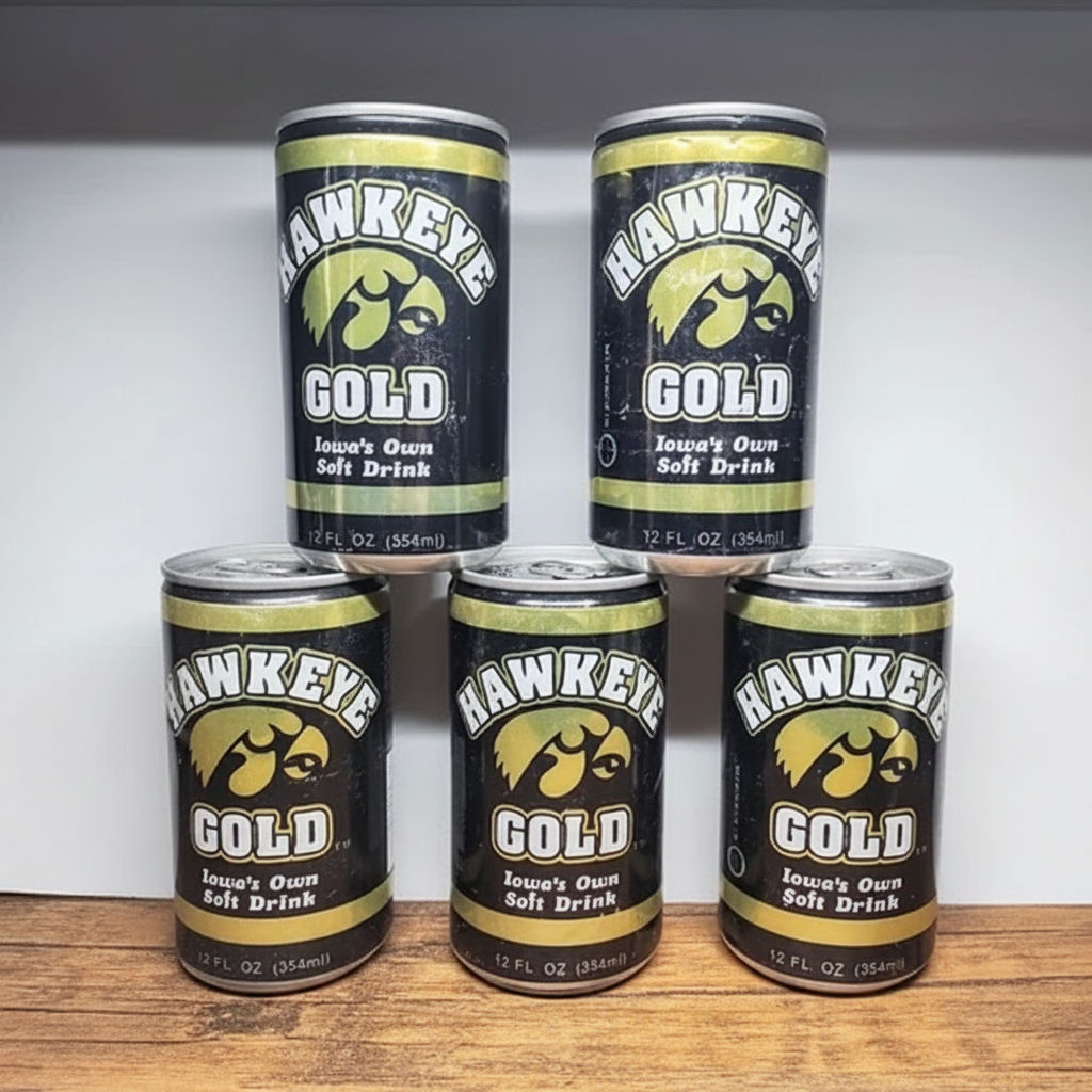 Vintage 1980s Hawkeye Gold Iowa's Own Soft Drink Can, Gold & Black