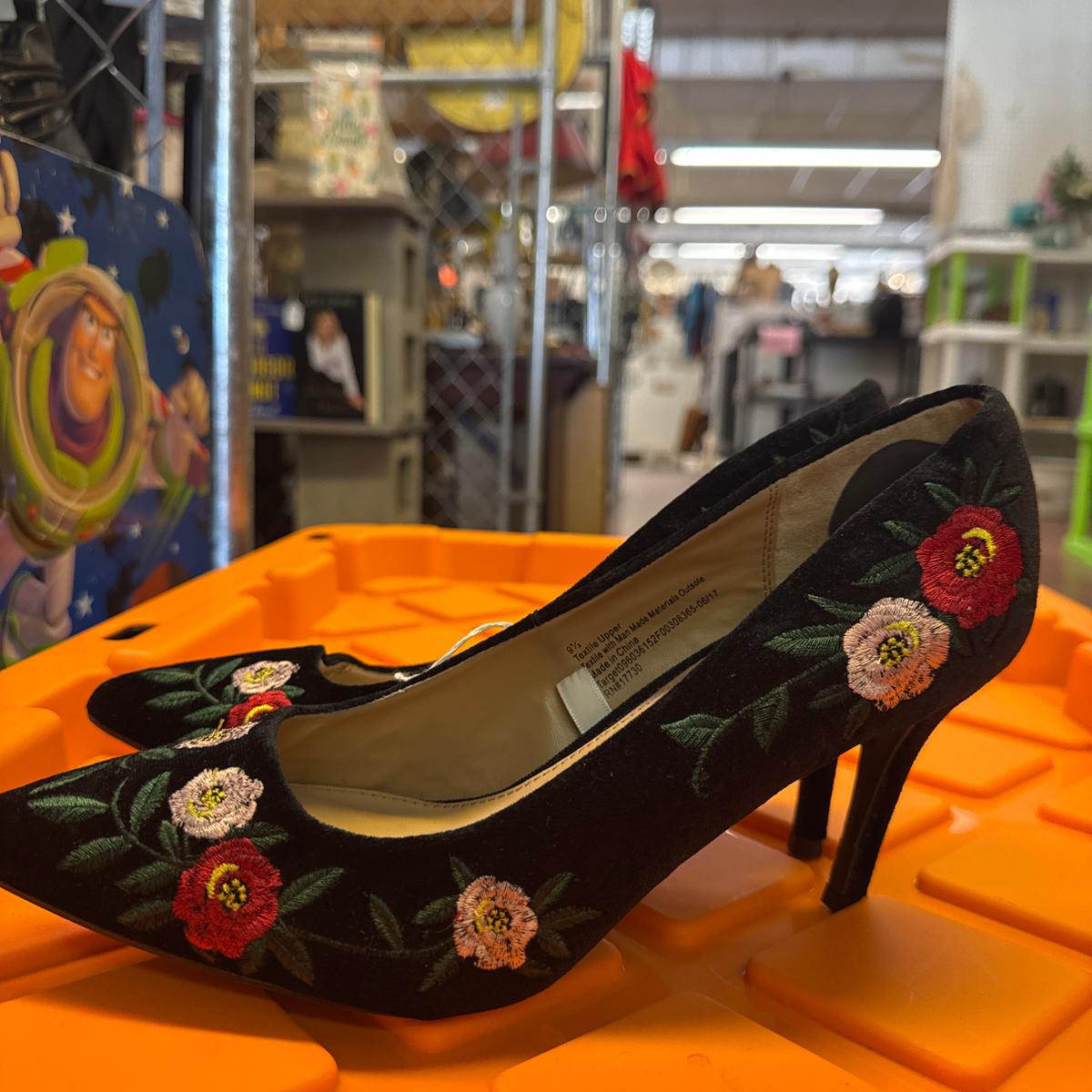 Embroidered Floral Black Velvet Heels
