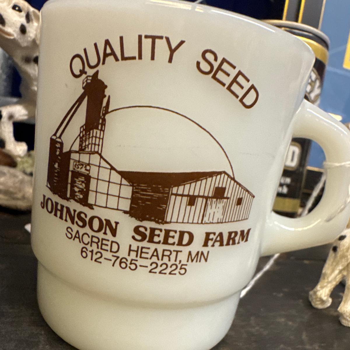 Vintage Johnson Seed Farm Milk Glass Mug